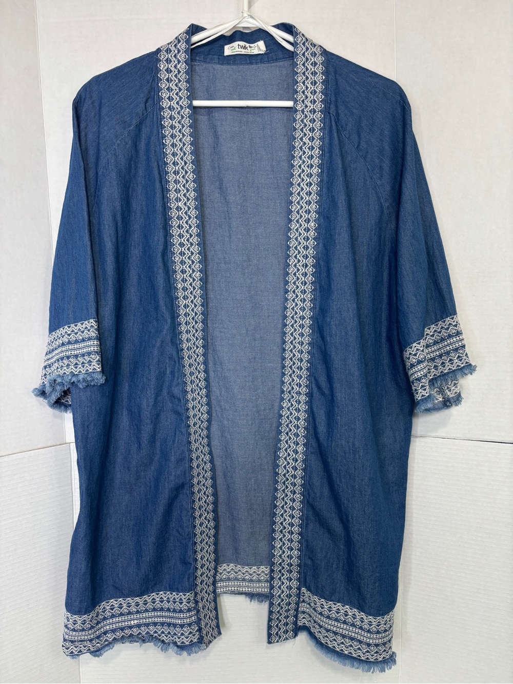 twik Women’s Blue Organic Cotton Embroidered Open-Front Kimono Cardigan